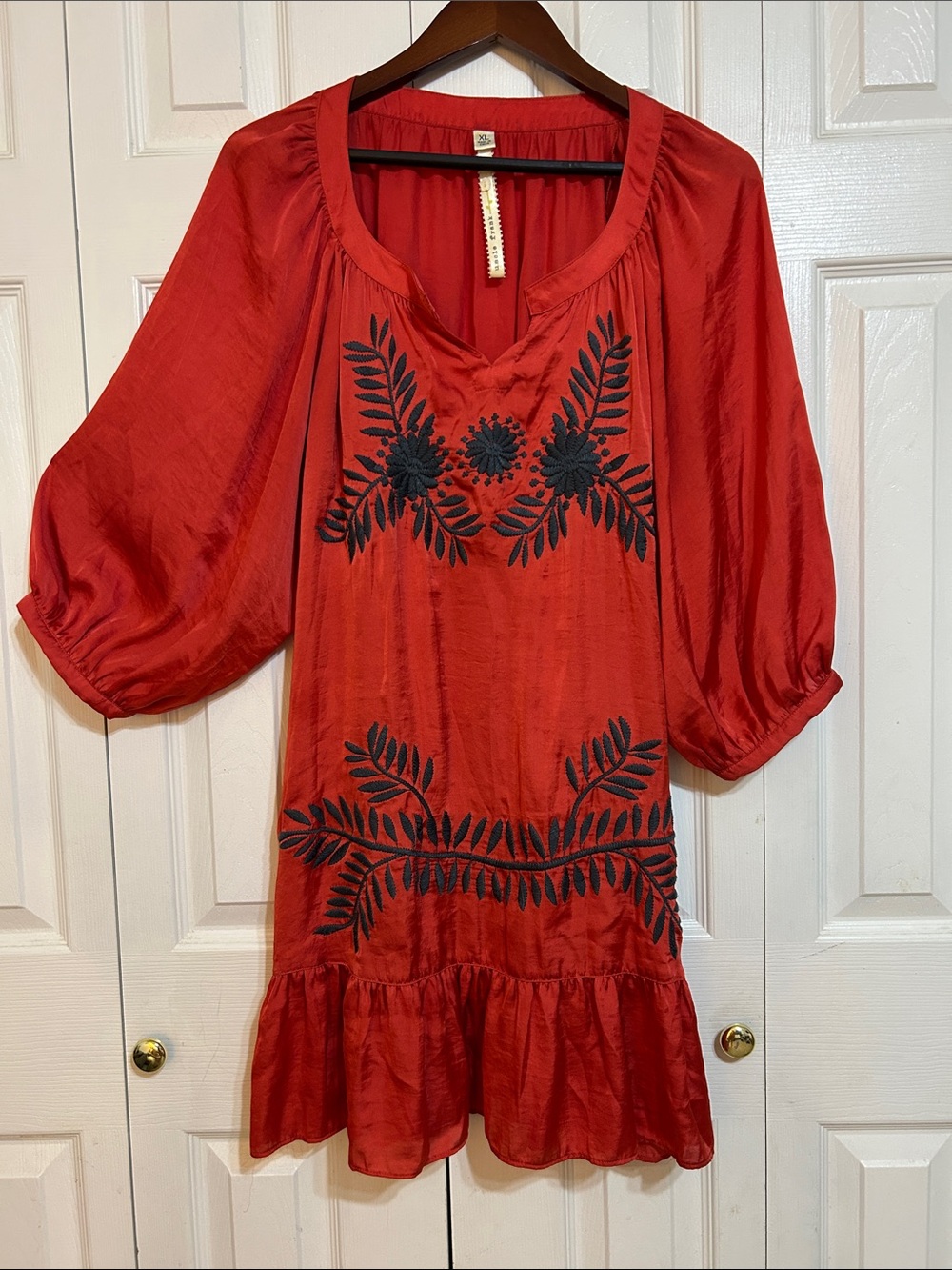 Uncle Frank Red dress with Black Leaf Embroidery